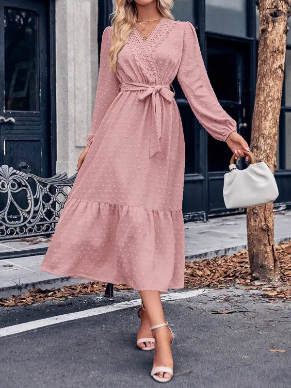 Emma's Fashionable V-Neck Lace Waist-Tie Midi Dress kakaclo