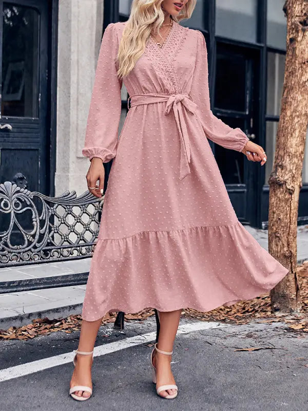 Emma's Fashionable V-Neck Lace Waist-Tie Midi Dress kakaclo