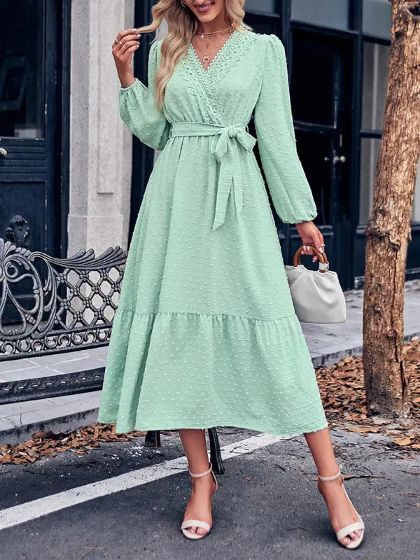 Emma's Fashionable V-Neck Lace Waist-Tie Midi Dress kakaclo