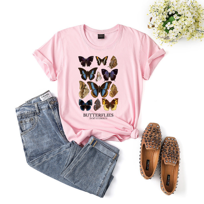 New women's butterfly T-shirt casual slim short sleeve versatile-[Adult]-[Female]-Pink-XS-2022 Online Blue Zone Planet