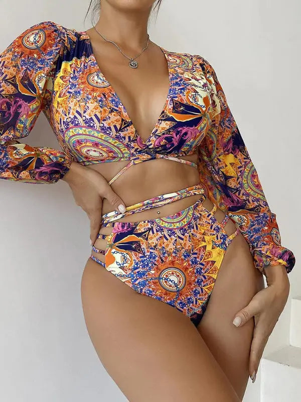 Ethnic Printed Mesh Long Sleeve Bikini Set BLUE ZONE PLANET