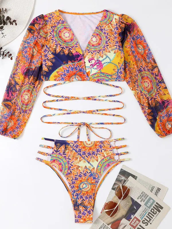 Ethnic Printed Mesh Long Sleeve Bikini Set BLUE ZONE PLANET