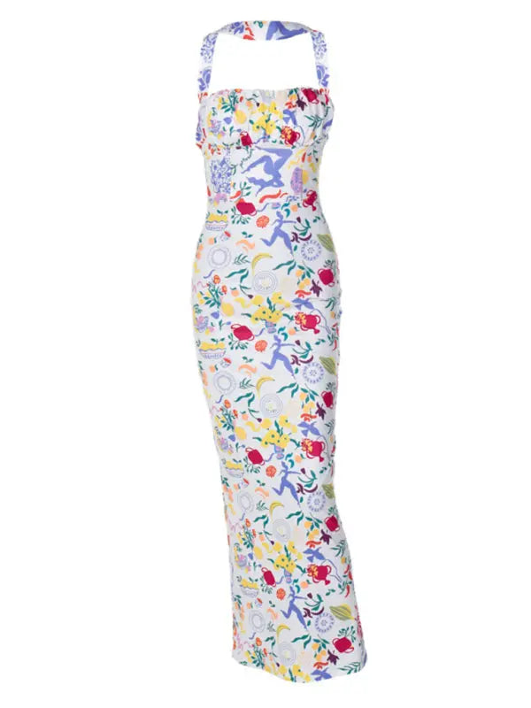 Eva's Botanical Multicolor Print Halter Neck Maxi Dress kakaclo