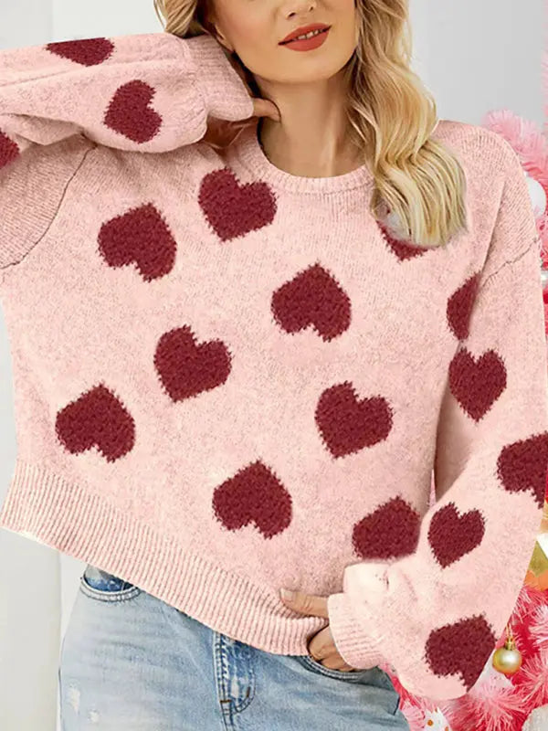 Eva's Valentine Loose Sweet Love Hearts Jacquard Sweater BLUE ZONE PLANET