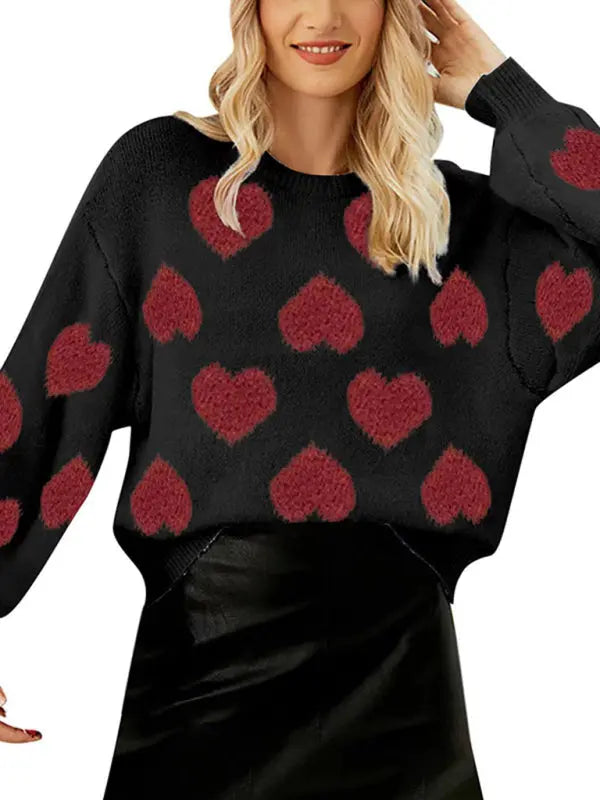 Eva's Valentine Loose Sweet Love Hearts Jacquard Sweater BLUE ZONE PLANET