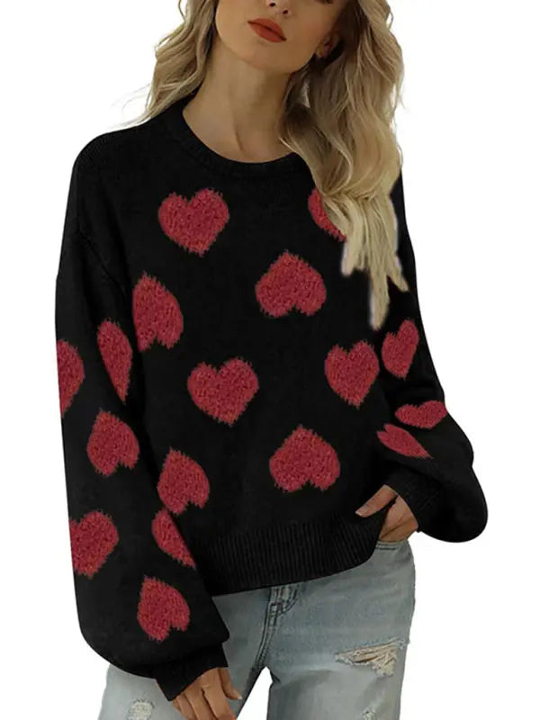 Eva's Valentine Loose Sweet Love Hearts Jacquard Sweater BLUE ZONE PLANET