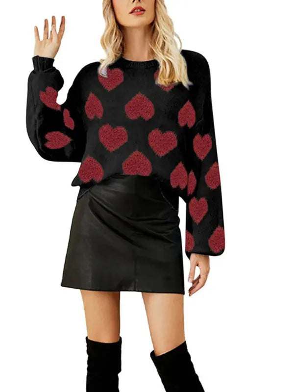 Eva's Valentine Loose Sweet Love Hearts Jacquard Sweater BLUE ZONE PLANET