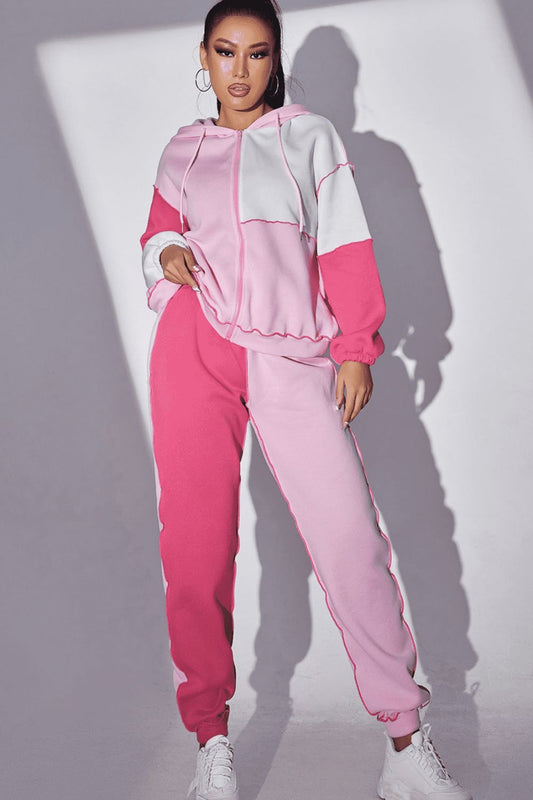 Exposed Seams Color Block Hoodie and Pants Set-TOPS / DRESSES-[Adult]-[Female]-Carnation Pink-XS-2022 Online Blue Zone Planet