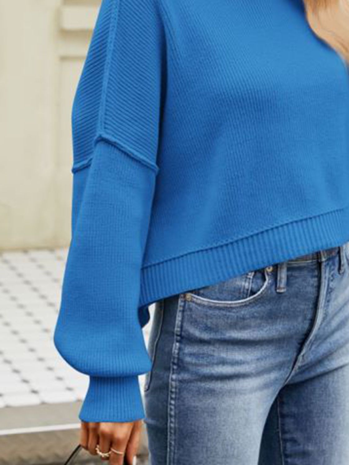 Exposed Seams Round Neck Dropped Shoulder Sweater BLUE ZONE PLANET