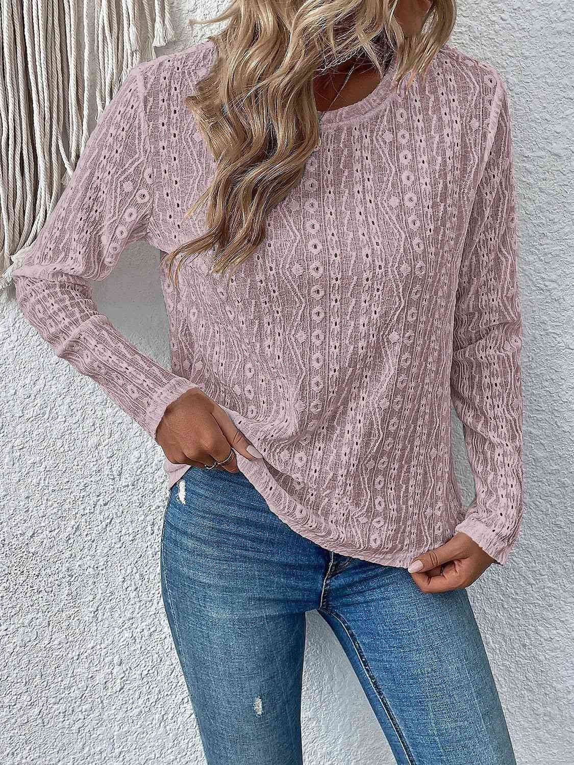 Eyelet Round Neck Long Sleeve Top BLUE ZONE PLANET