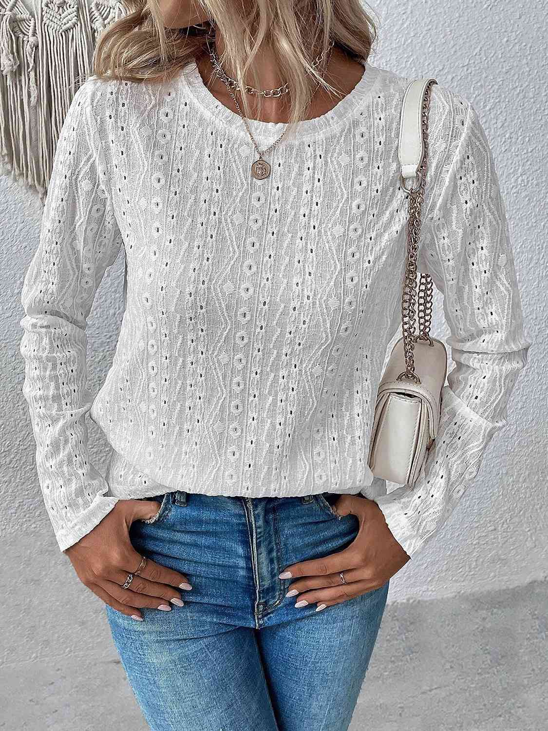 Eyelet Round Neck Long Sleeve Top BLUE ZONE PLANET