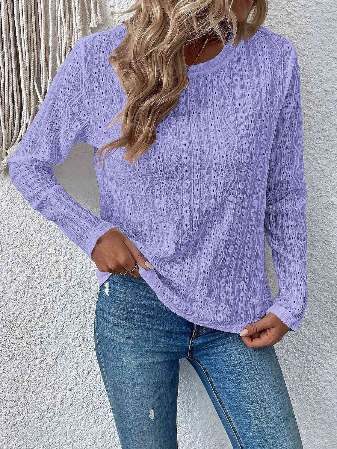 Eyelet Round Neck Long Sleeve Top BLUE ZONE PLANET