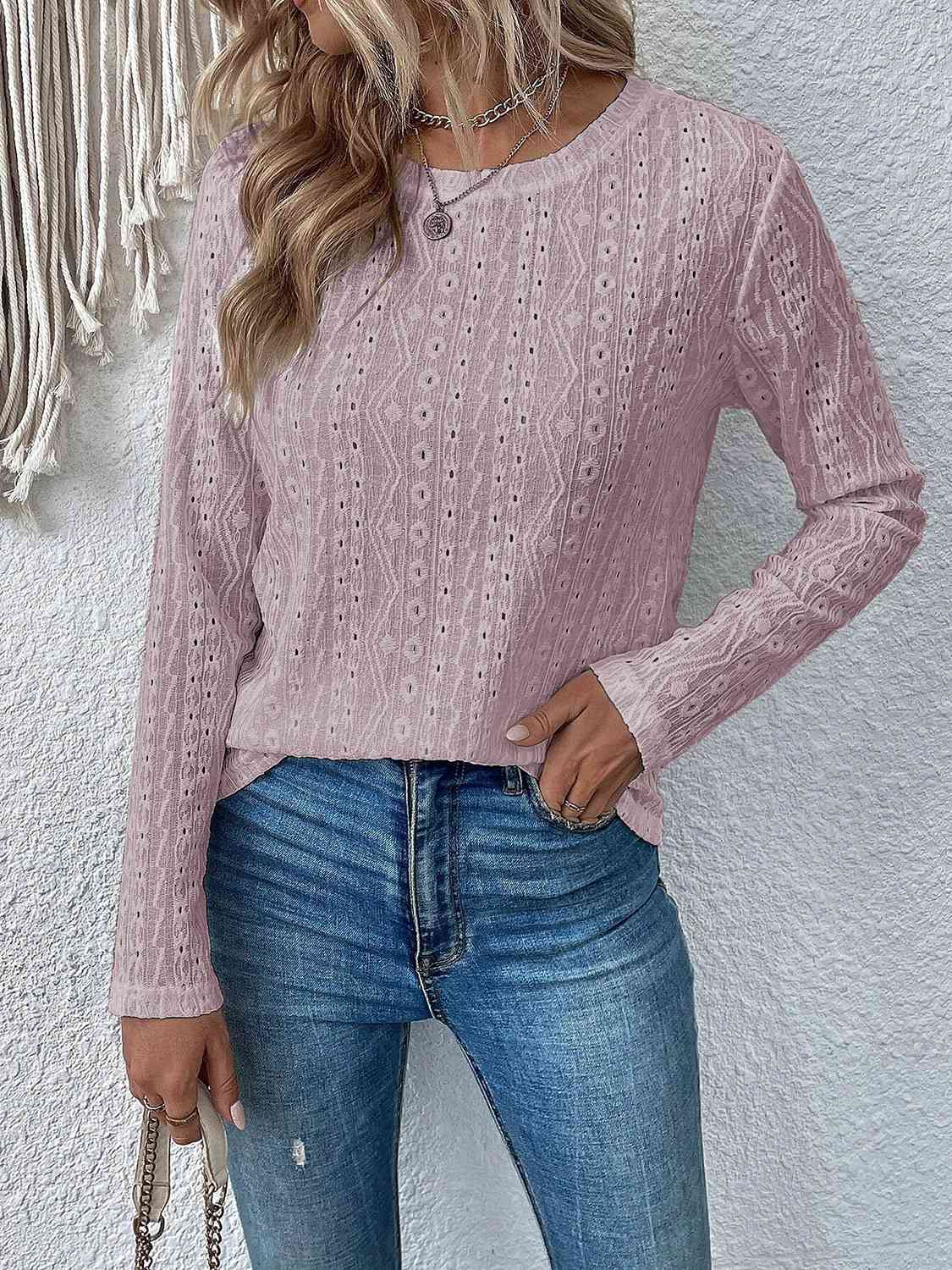 Eyelet Round Neck Long Sleeve Top BLUE ZONE PLANET