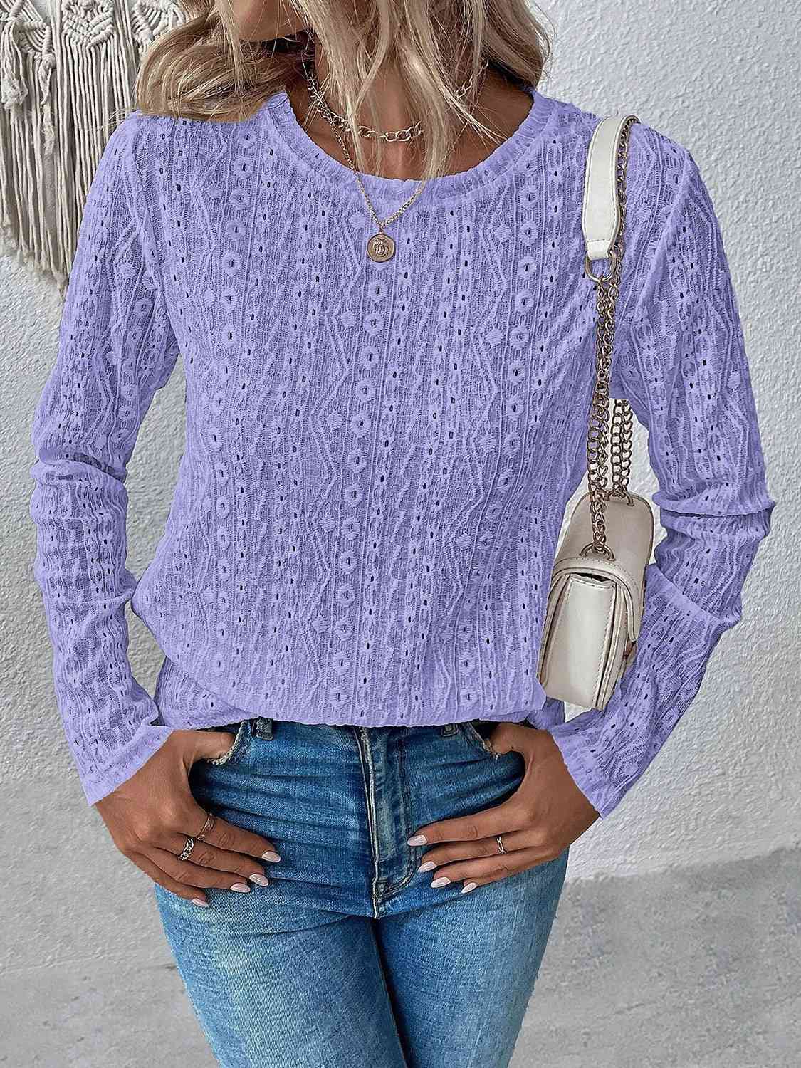 Eyelet Round Neck Long Sleeve Top BLUE ZONE PLANET