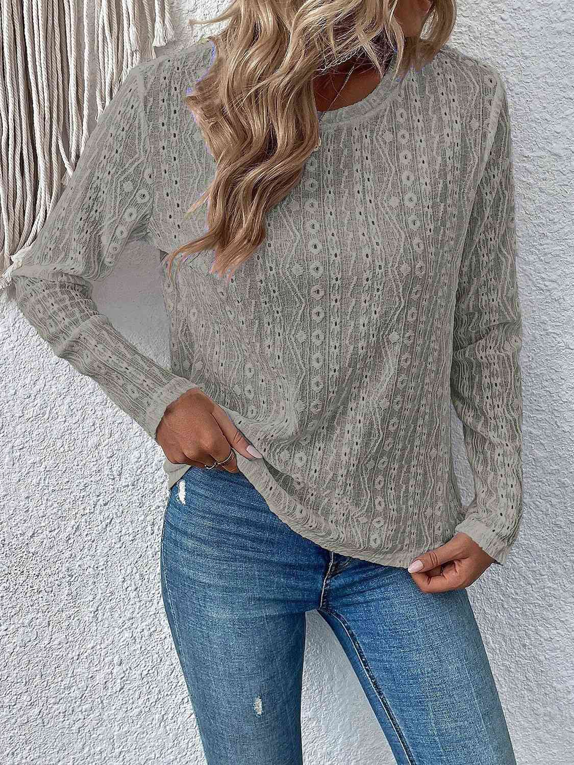 Eyelet Round Neck Long Sleeve Top BLUE ZONE PLANET