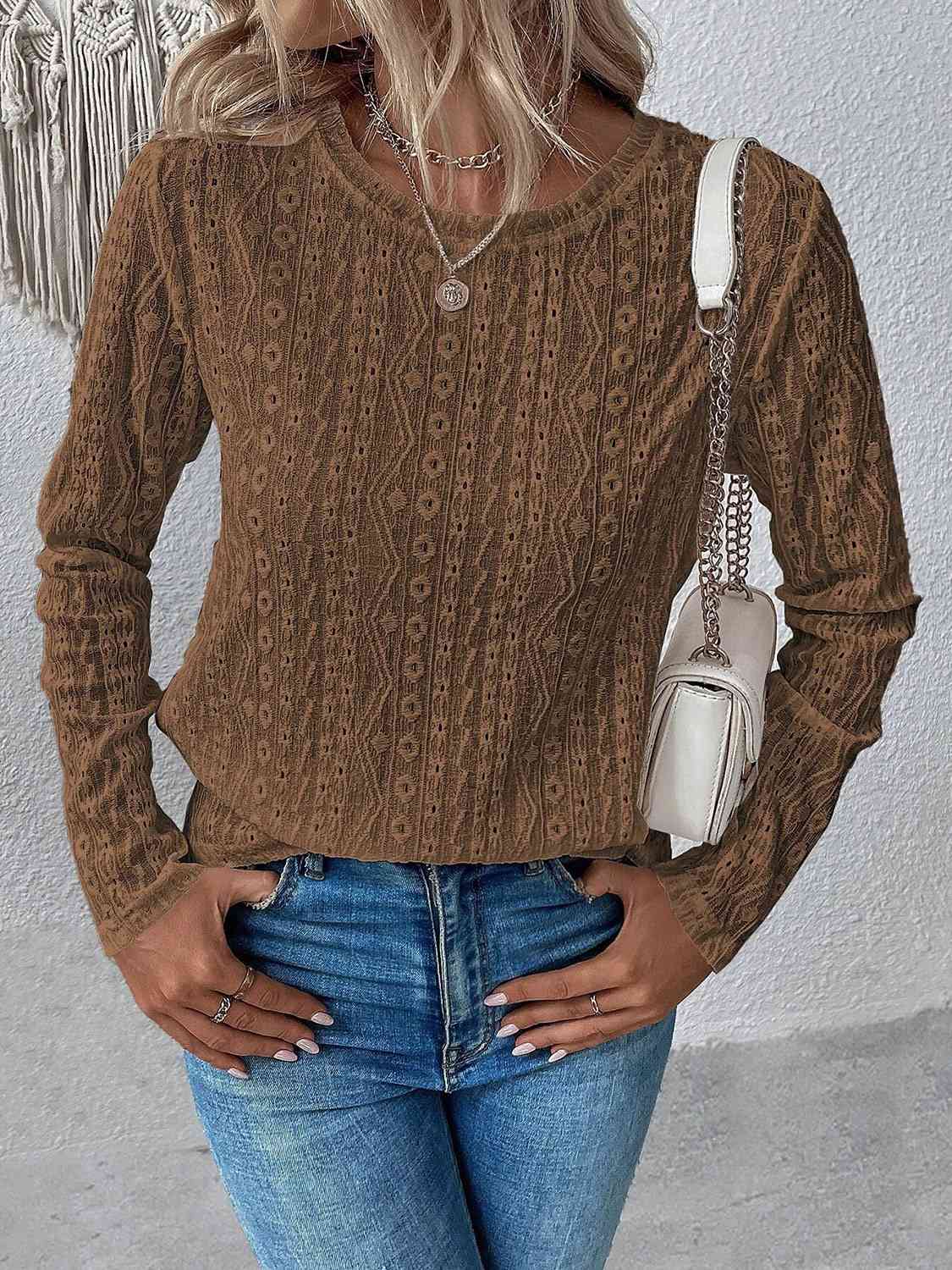 Eyelet Round Neck Long Sleeve Top BLUE ZONE PLANET