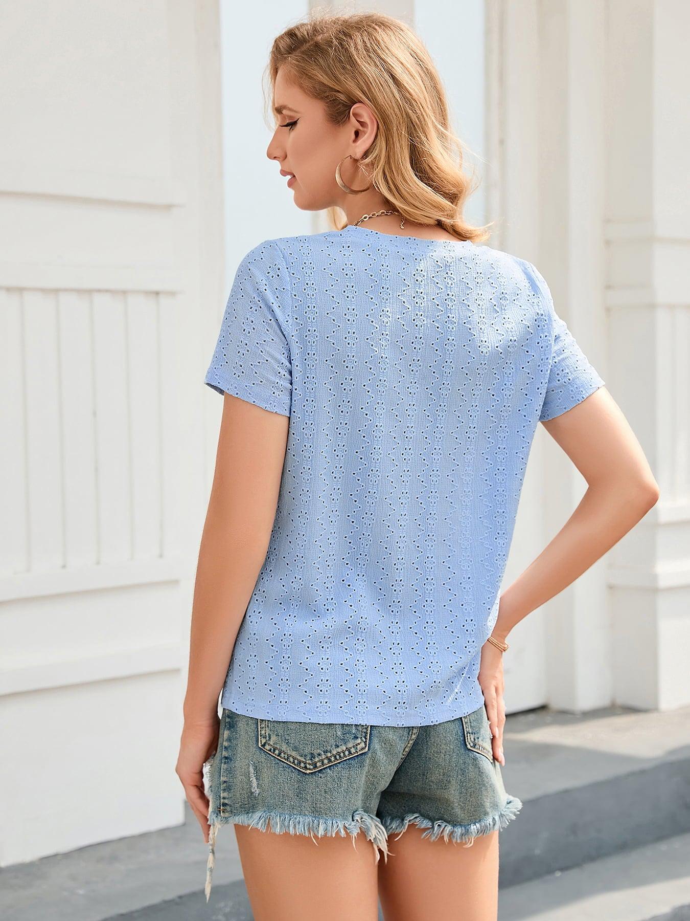 Eyelet Short Sleeve V-Neck Blouse BLUE ZONE PLANET