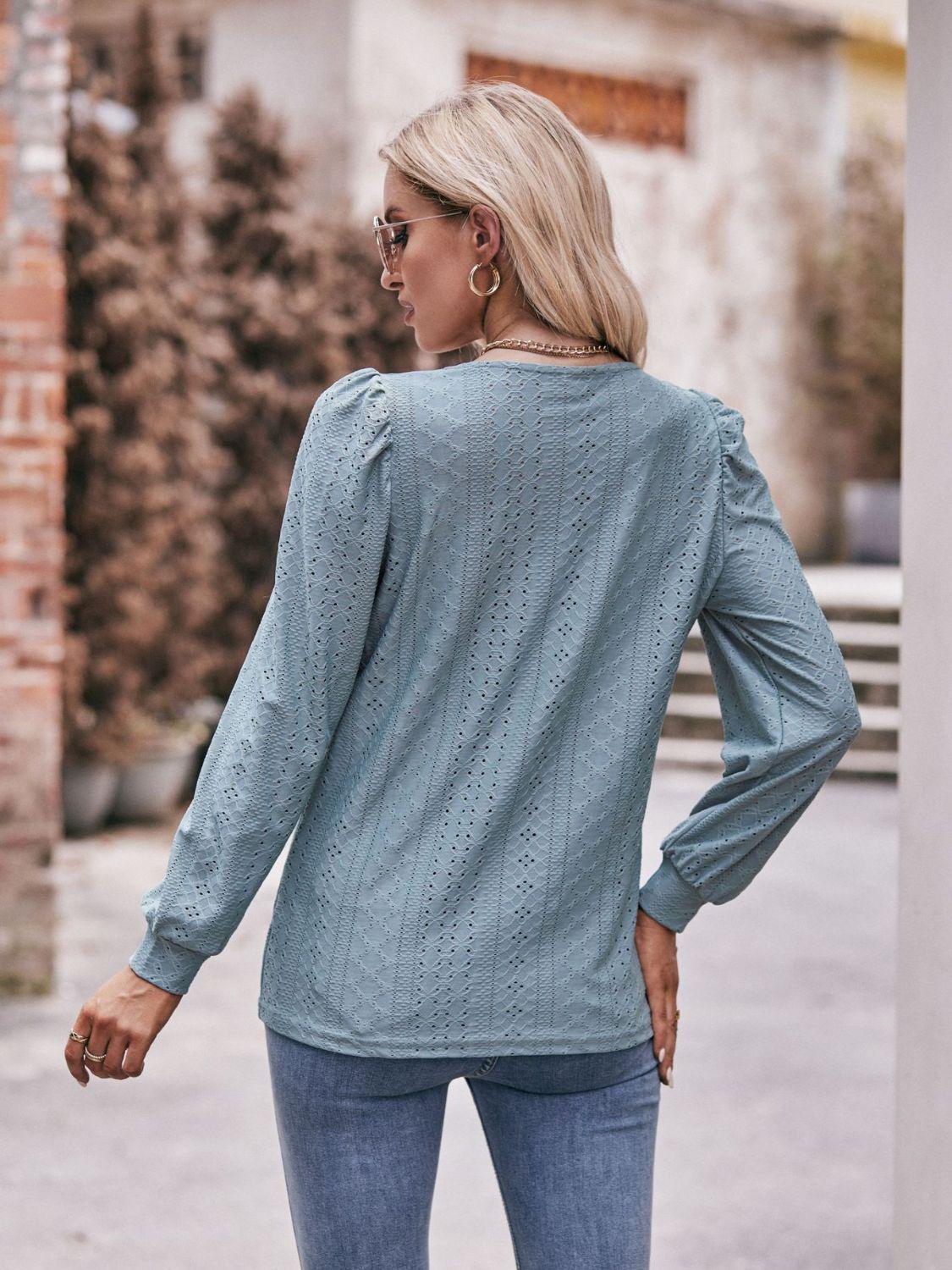 Eyelet Square Neck Puff Sleeve Blouse BLUE ZONE PLANET