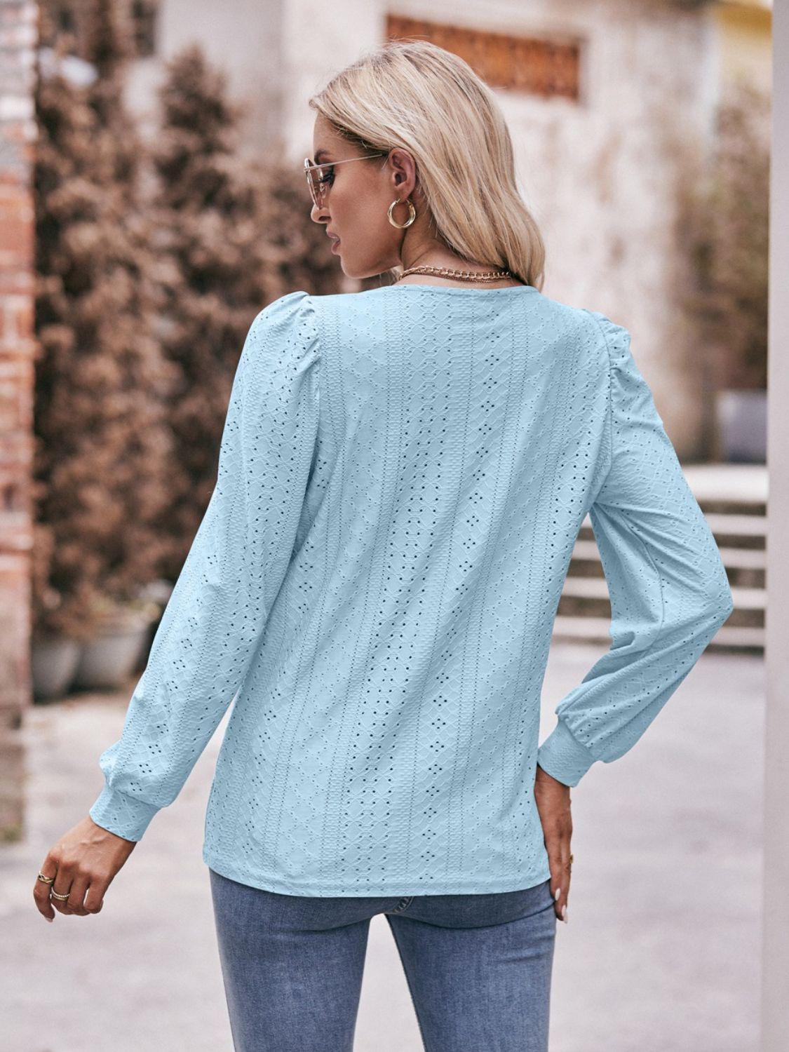 Eyelet Square Neck Puff Sleeve Blouse BLUE ZONE PLANET