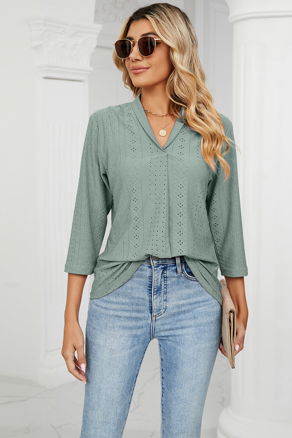 Eyelet Three-Quarter Sleeve Blouse BLUE ZONE PLANET