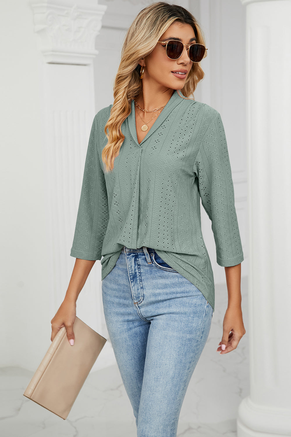 Eyelet Three-Quarter Sleeve Blouse BLUE ZONE PLANET