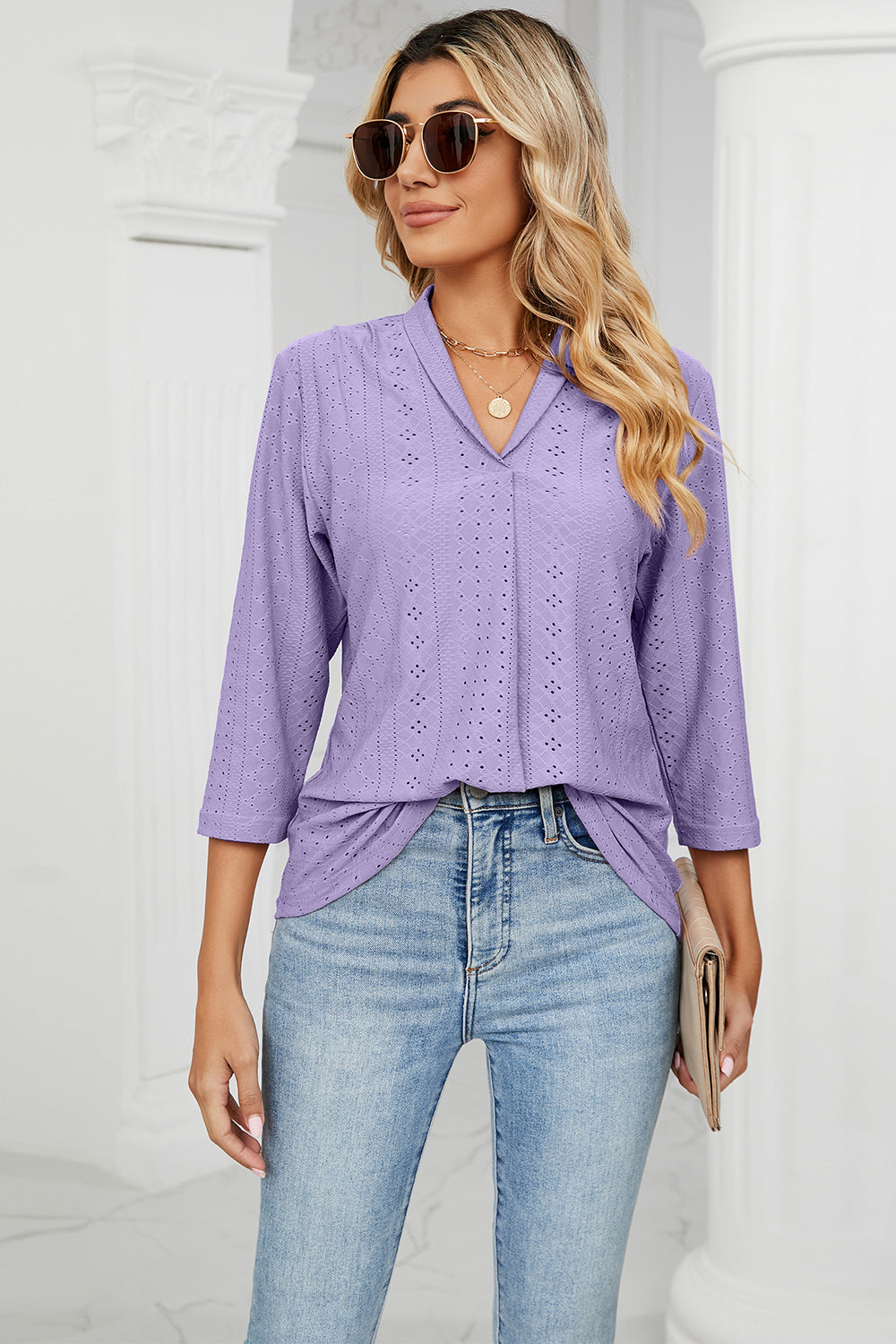 Eyelet Three-Quarter Sleeve Blouse BLUE ZONE PLANET