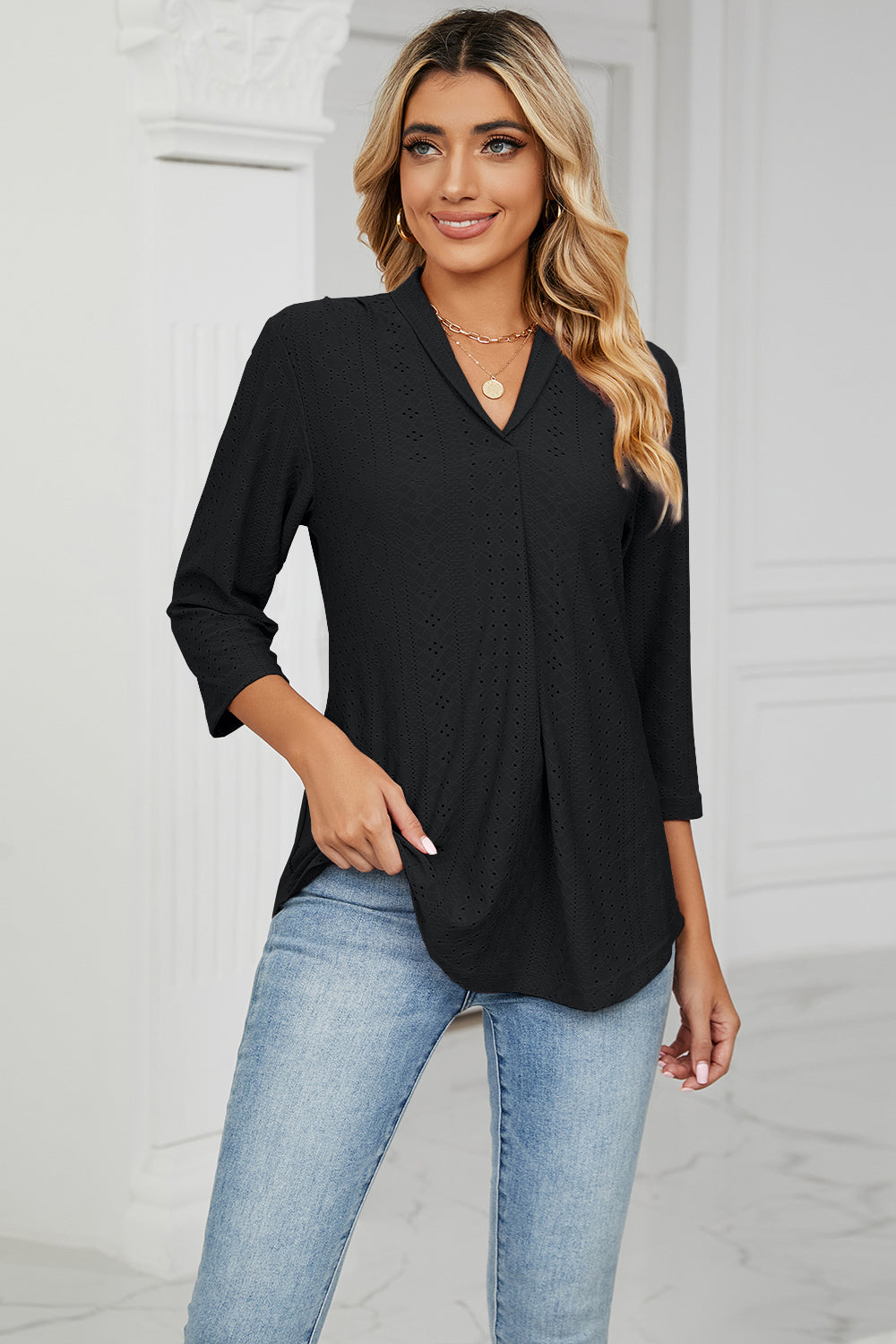 Eyelet Three-Quarter Sleeve Blouse BLUE ZONE PLANET