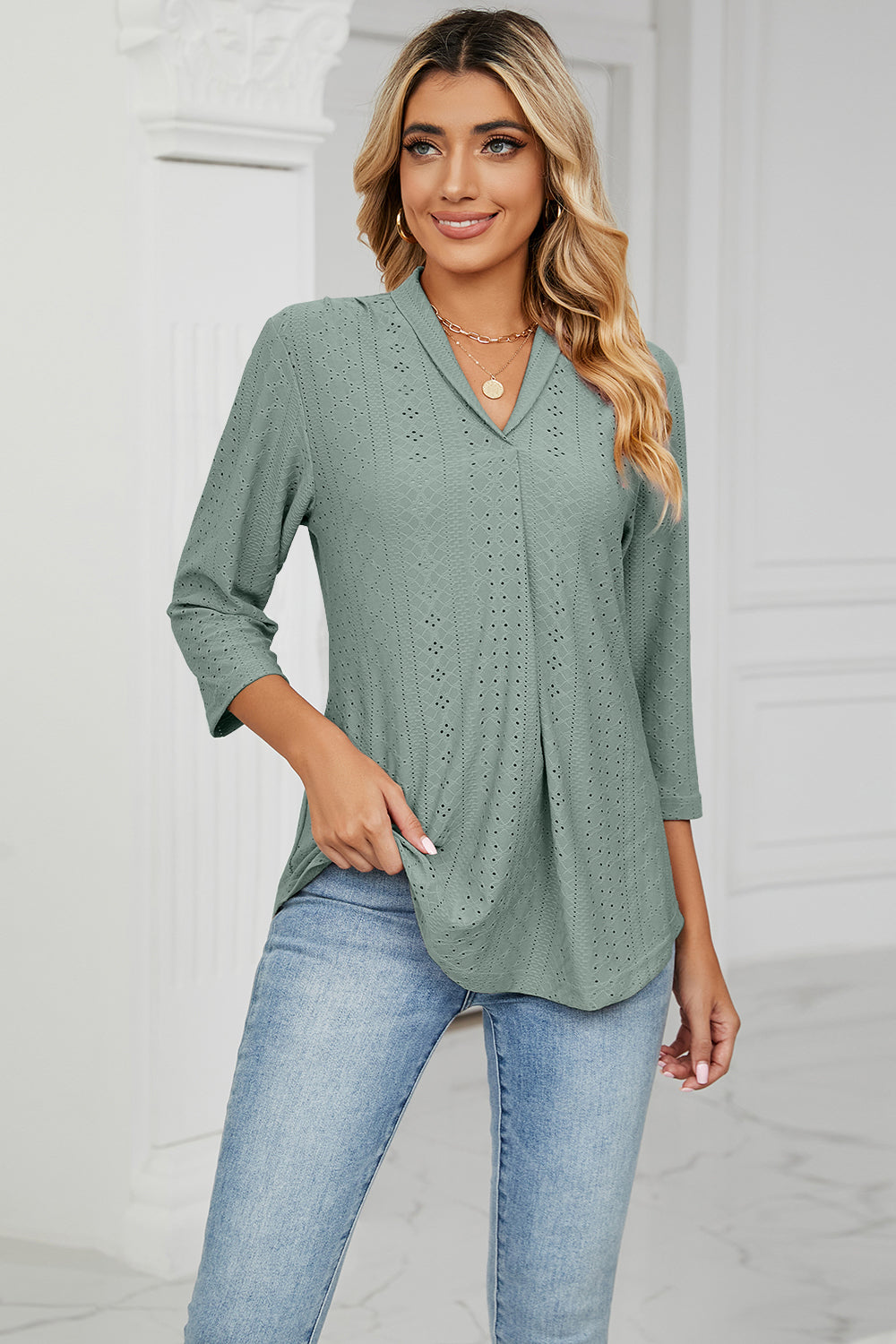 Eyelet Three-Quarter Sleeve Blouse BLUE ZONE PLANET