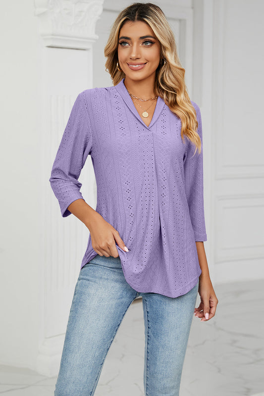 Eyelet Three-Quarter Sleeve Blouse BLUE ZONE PLANET