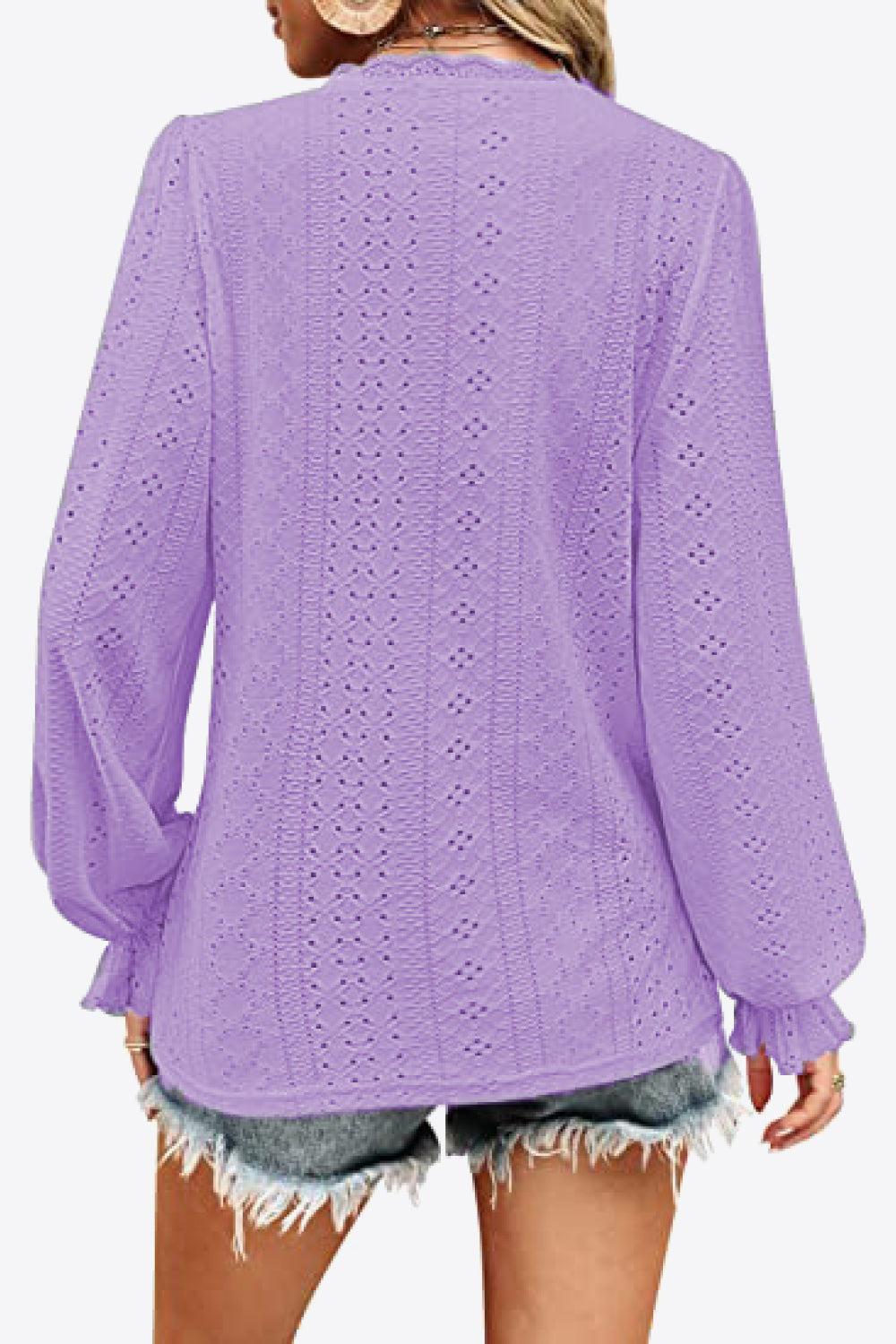 Eyelet V-Neck Flounce Sleeve Blouse BLUE ZONE PLANET