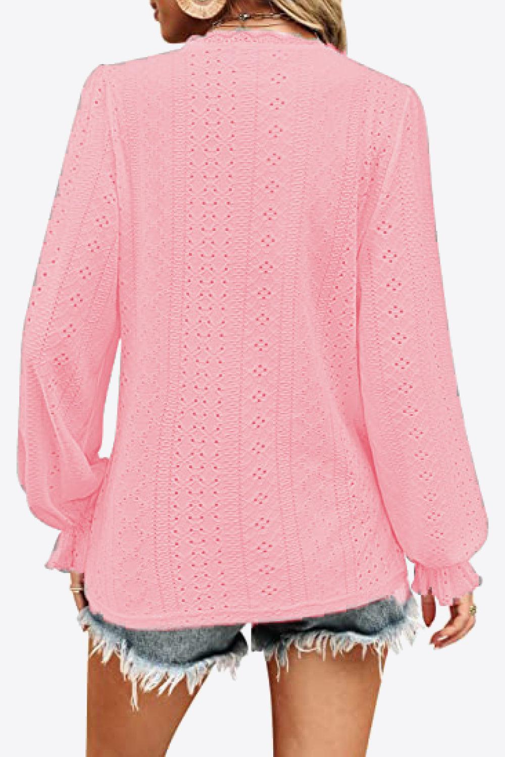 Eyelet V-Neck Flounce Sleeve Blouse BLUE ZONE PLANET