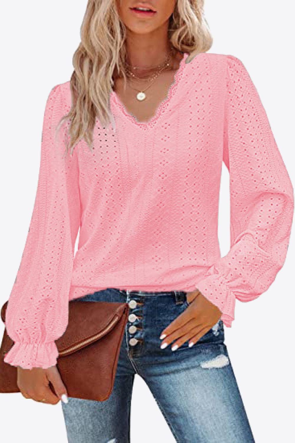 Eyelet V-Neck Flounce Sleeve Blouse BLUE ZONE PLANET