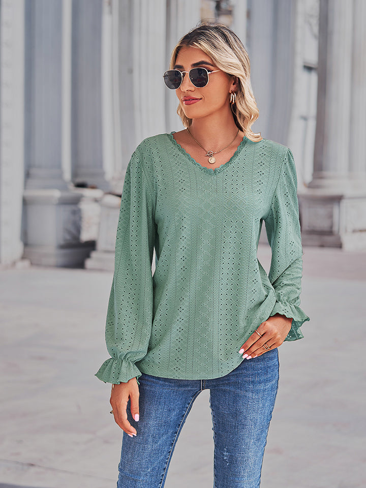 Eyelet V-Neck Flounce Sleeve Blouse BLUE ZONE PLANET