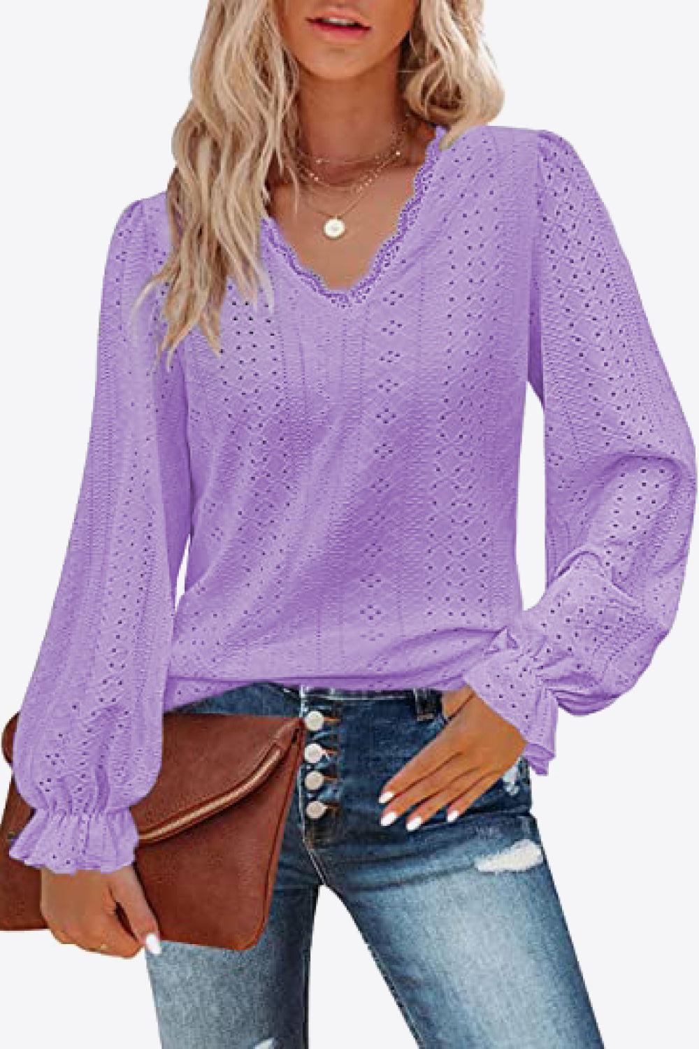 Eyelet V-Neck Flounce Sleeve Blouse BLUE ZONE PLANET