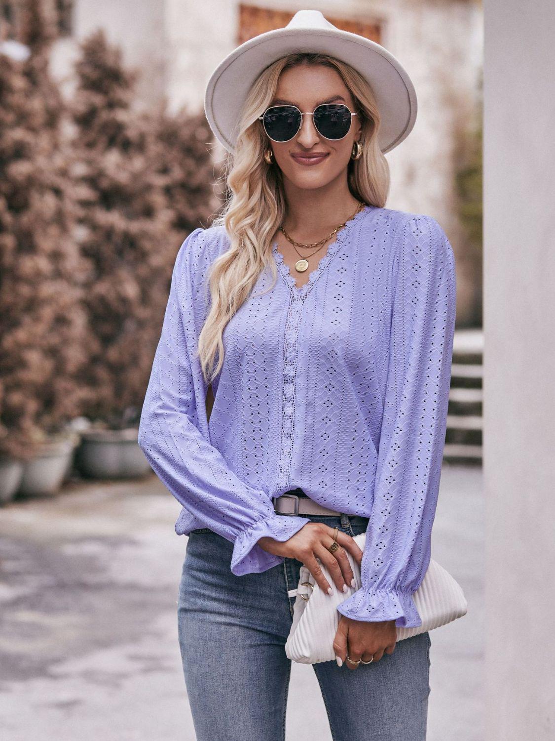 Eyelet V-Neck Flounce Sleeve Blouse BLUE ZONE PLANET