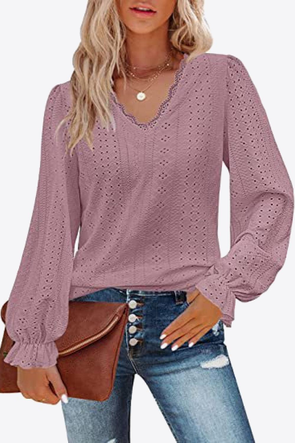 Eyelet V-Neck Flounce Sleeve Blouse BLUE ZONE PLANET