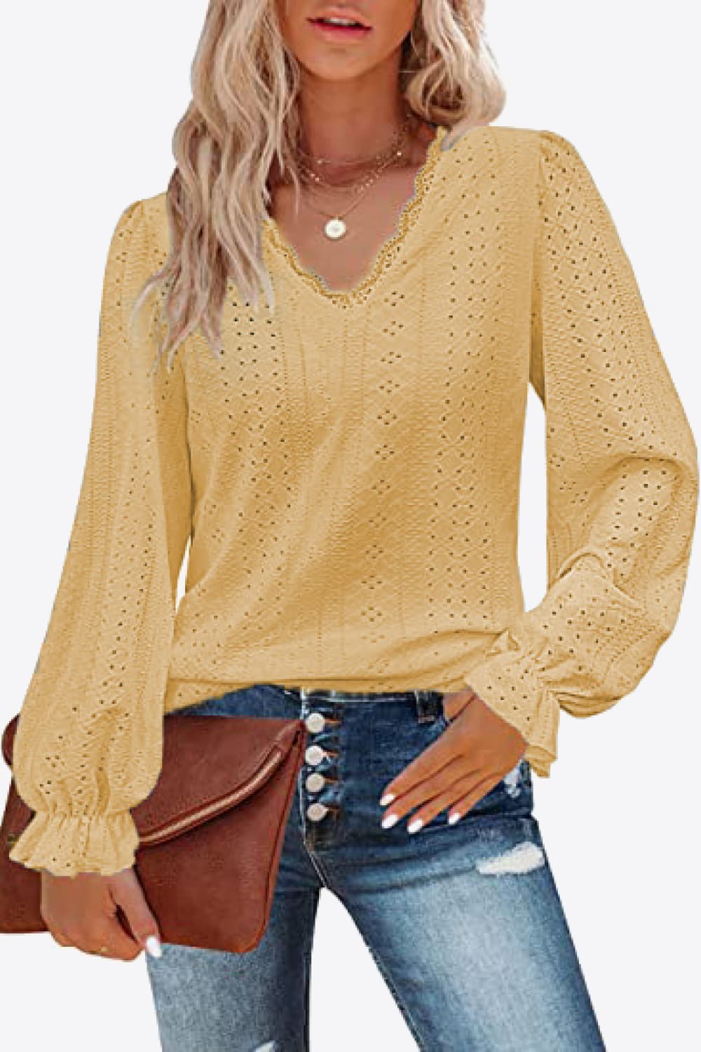 Eyelet V-Neck Flounce Sleeve Blouse BLUE ZONE PLANET