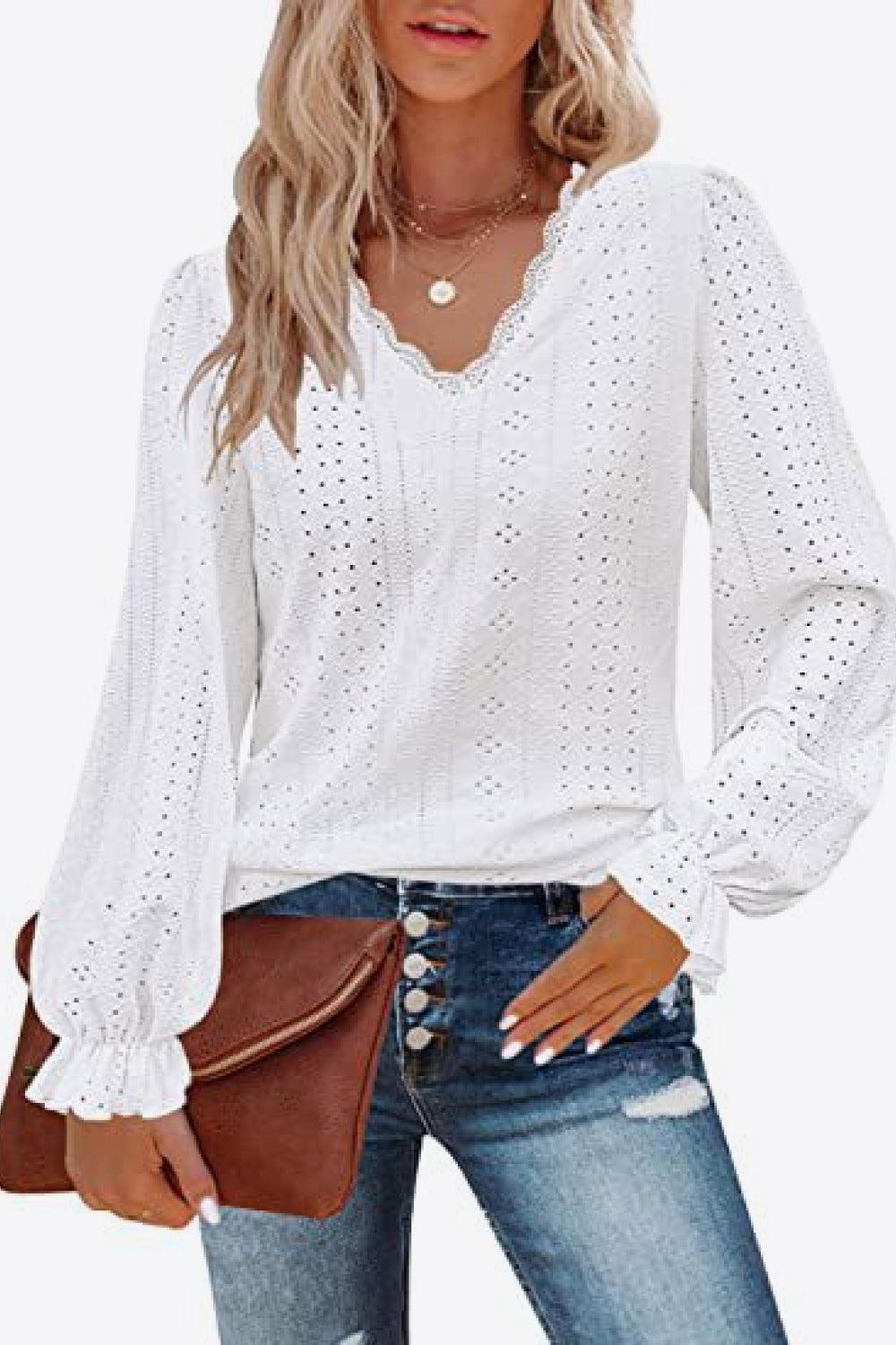 Eyelet V-Neck Flounce Sleeve Blouse BLUE ZONE PLANET