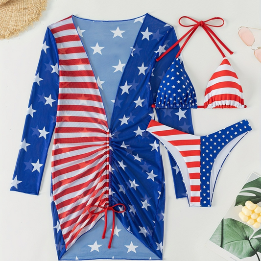 New Swimsuit Sleeveless Halter Loose Independence Day Flag Printed Yarn Three-piece Set-[Adult]-[Female]-Blue-S-2022 Online Blue Zone Planet