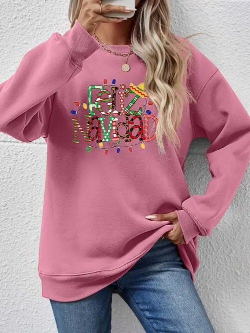 FELIZ NAVIDAD Round Neck Drop Shoulder Sweatshirt BLUE ZONE PLANET