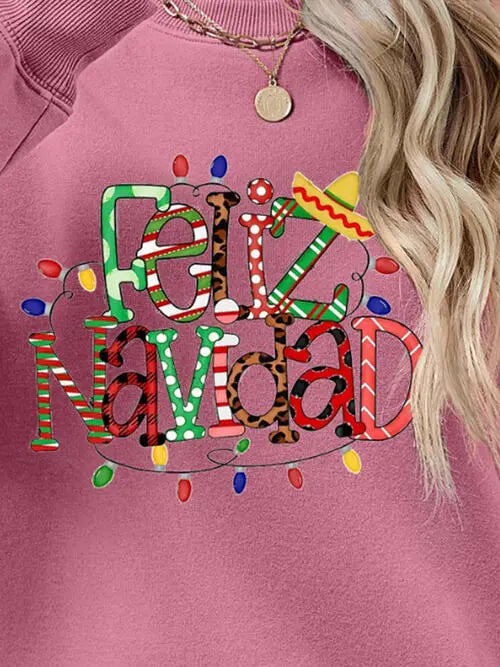 FELIZ NAVIDAD Round Neck Drop Shoulder Sweatshirt BLUE ZONE PLANET