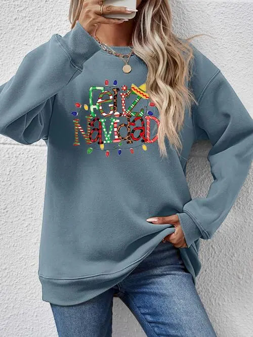 FELIZ NAVIDAD Round Neck Drop Shoulder Sweatshirt BLUE ZONE PLANET