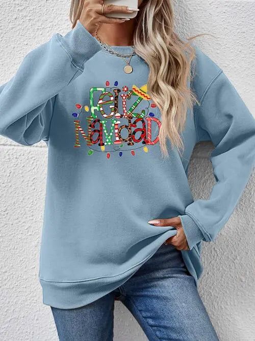 FELIZ NAVIDAD Round Neck Drop Shoulder Sweatshirt BLUE ZONE PLANET