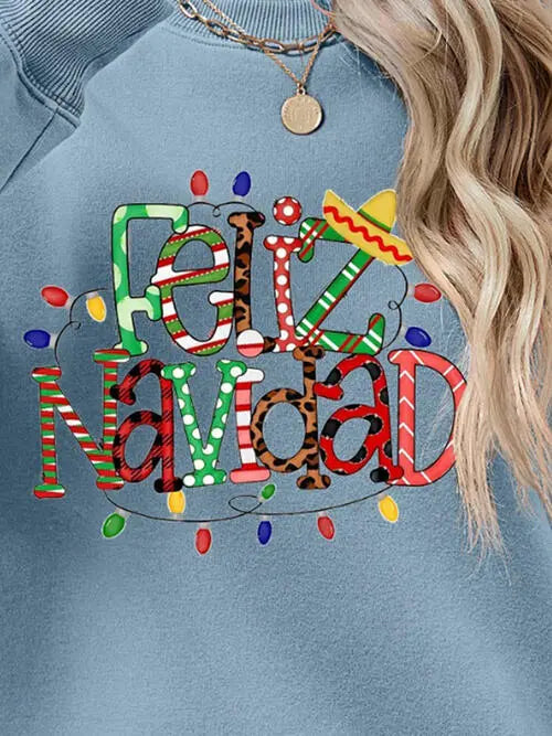 FELIZ NAVIDAD Round Neck Drop Shoulder Sweatshirt BLUE ZONE PLANET