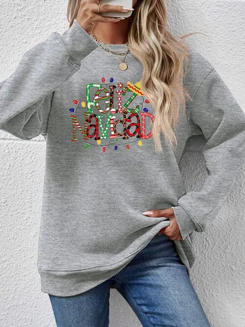 FELIZ NAVIDAD Round Neck Drop Shoulder Sweatshirt BLUE ZONE PLANET