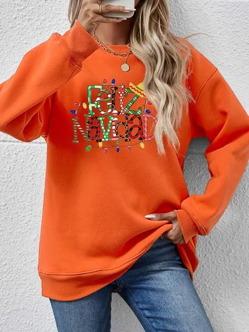 FELIZ NAVIDAD Round Neck Drop Shoulder Sweatshirt BLUE ZONE PLANET