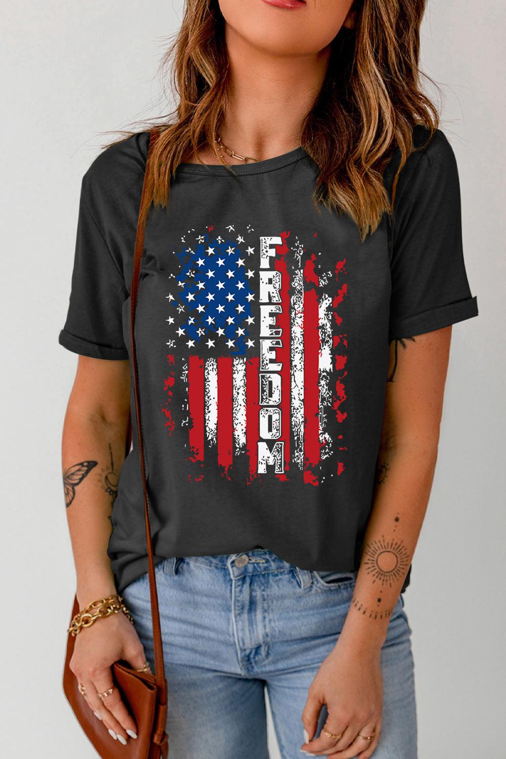 FREEDOM US Flag Graphic Round Neck Tee BLUE ZONE PLANET