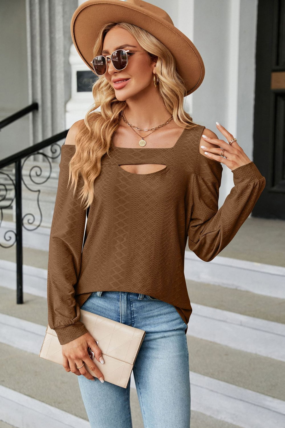 Fall Cold Shoulder Square Neck Cutout Blouse BLUE ZONE PLANET