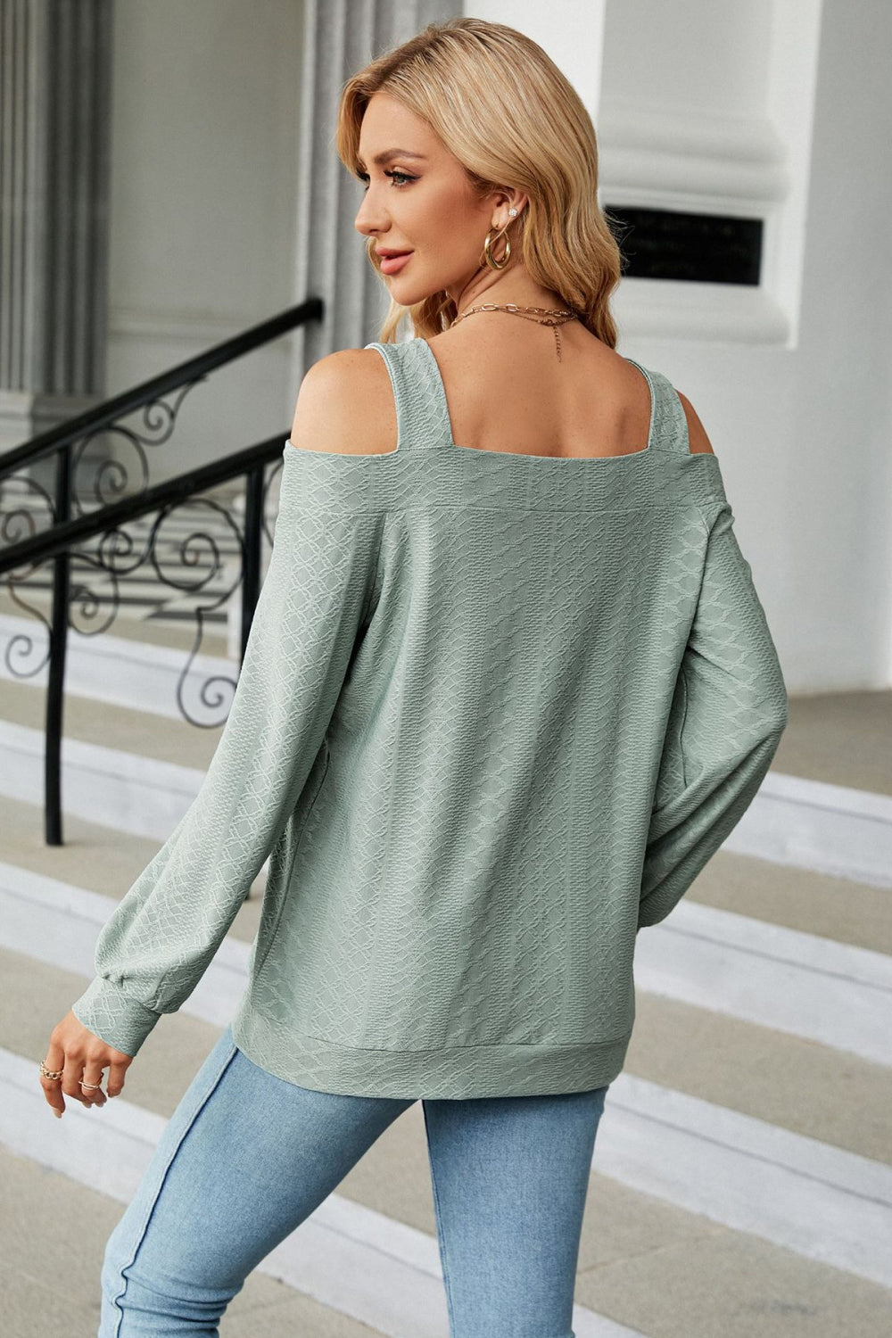 Fall Cold Shoulder Square Neck Cutout Blouse BLUE ZONE PLANET