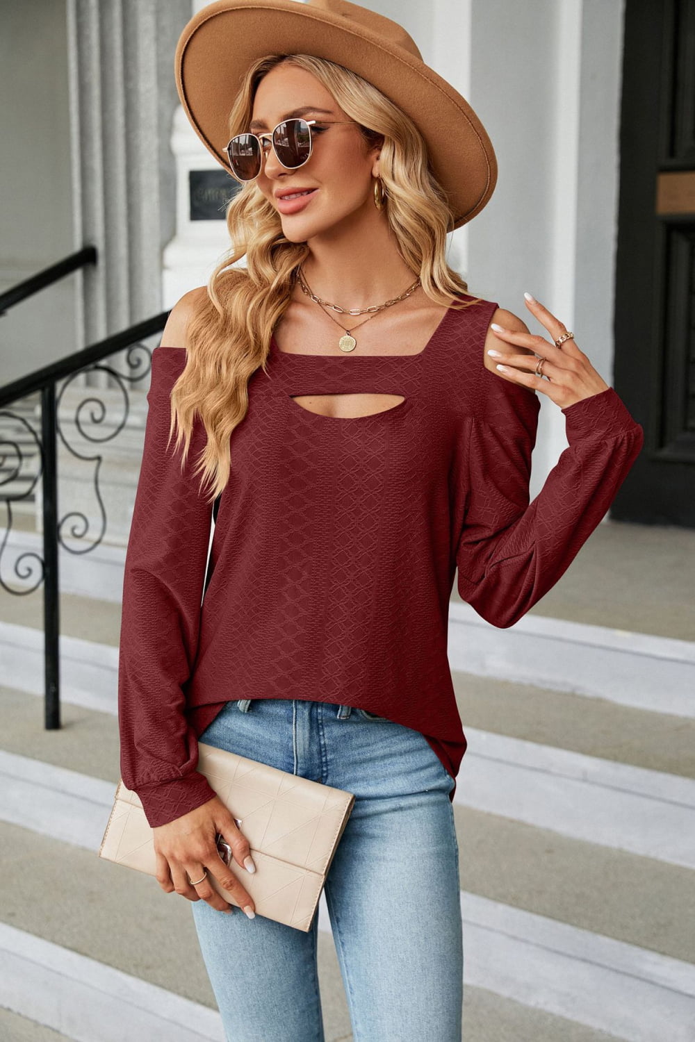 Fall Cold Shoulder Square Neck Cutout Blouse BLUE ZONE PLANET